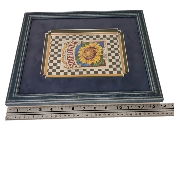 VTG Barbara Mock Sunflowers Print Matted Framed Blue Yellow Black & White Checks - Picture 9 of 15